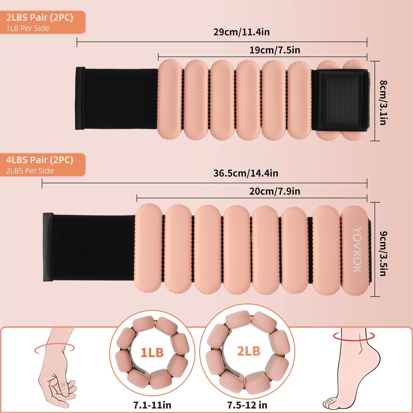 Wrist Weights, Silicone Adjustable Ankle Weights for Women Men - Strengthen Arms and Legs Ideal for for Home Gym Workout, Running, Yoga, Pilates, Barre, Exercise, Strength Training (Flesh Pink, 2 lbs Pair (1lb Each))