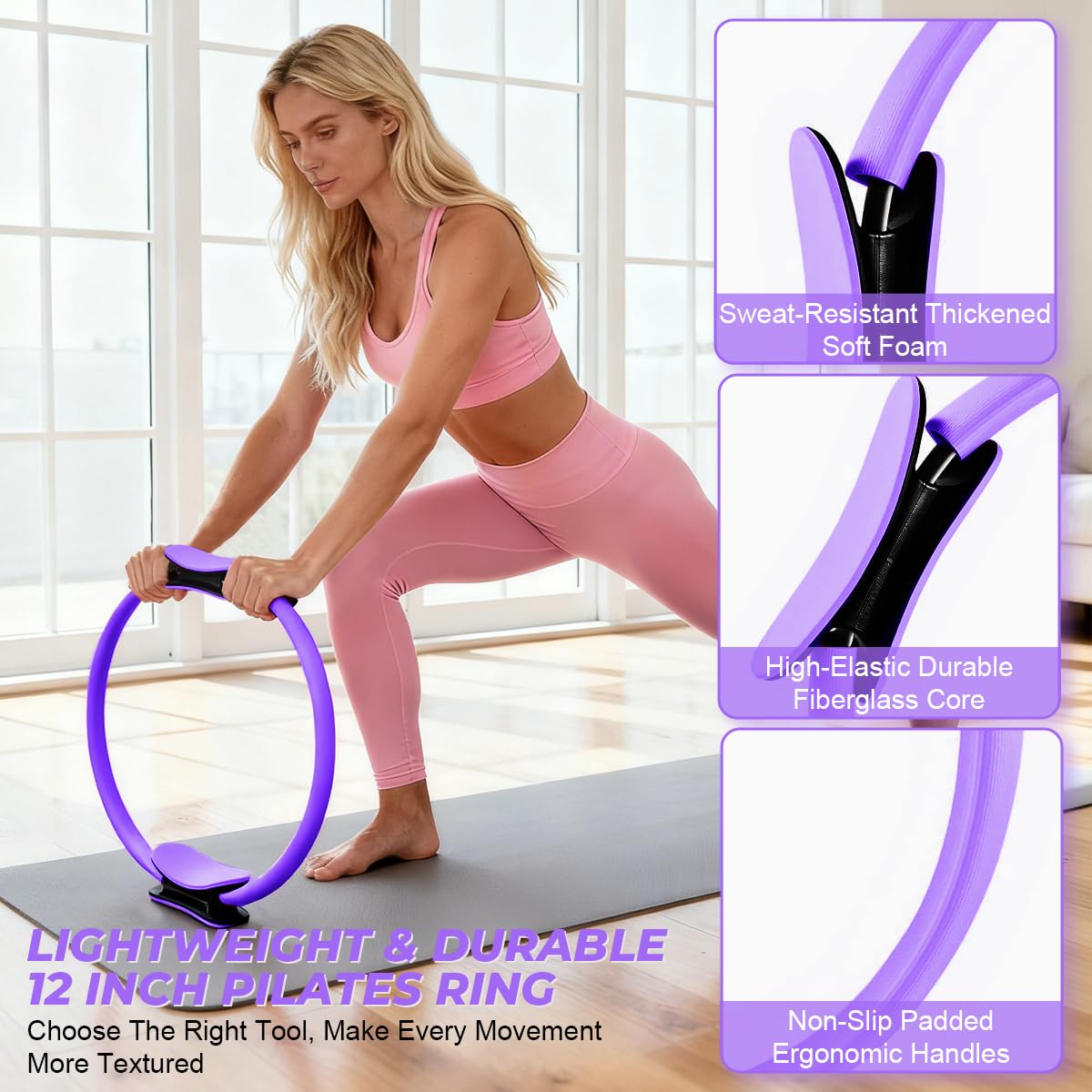 Flickzy 20 Pcs Pilates Ring Set for Women, Magic Circle Pilates Rings 12" with Resistance Bands, Pilates Kit for Home Workouts, Pilates Equipment for Strength, Toning and Flexibility(Purple,15pcs)
