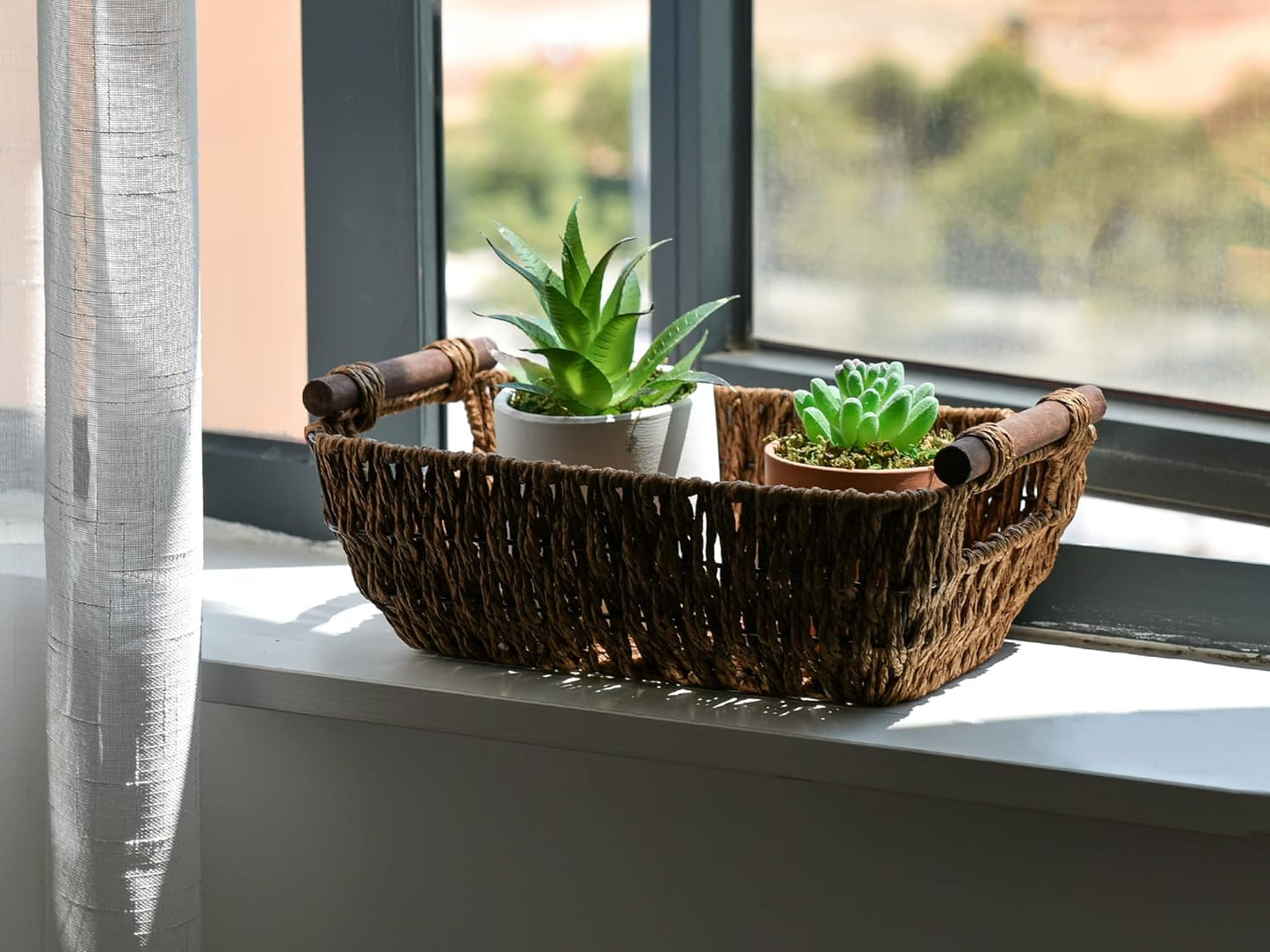 StorageWorks Handwoven Wicker Baskets - Round Paper Rope Storage with Wooden Handles | Dark Brown, 2-Pack