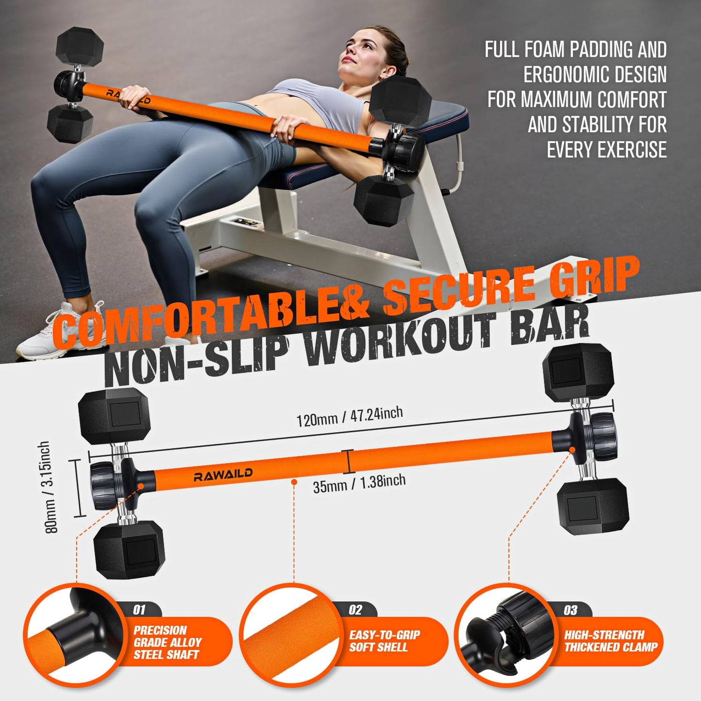 Rawaild Dumbbell Converter, Convert Dumbbells to Barbell Set, Weight Bar for Bench Presses, Squats, Hip Thrust, Deadlifts, Home Weightlifting and Strength Training, Versatile Home Gym Equipment