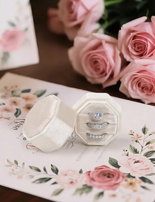 MFXIP Velvet Ring Box, 3 Slots Wedding Ring Box, Vintage Octagon Premium Jewelry Display Holder Gift Box with Detachable Lid for Engagement Wedding Box Keepsake Box Bridal Photo