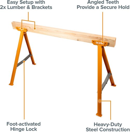 BORA Jobhorse Saw Horses - Heavy Duty Steel Brackets for 2x4 | 1000 lb Capacity, Stable & Quick Setup