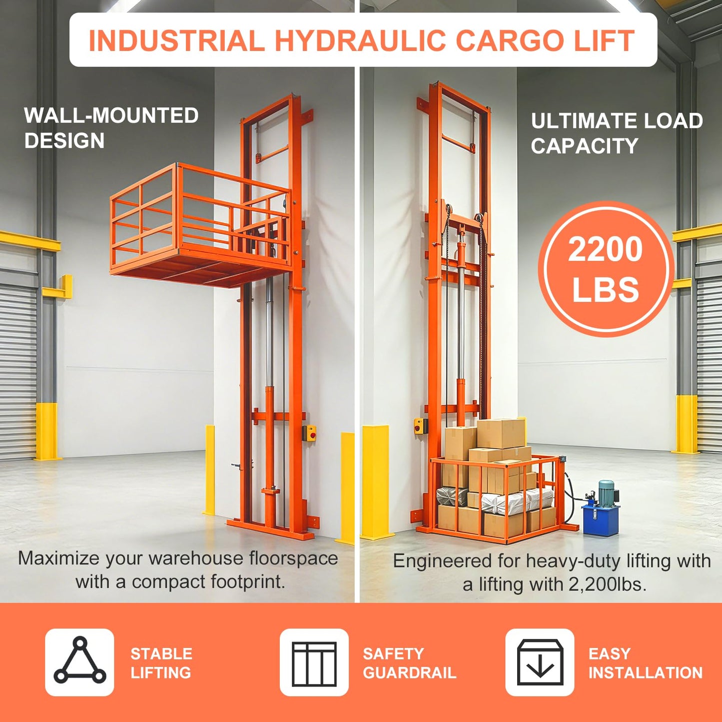 Hydraulic Freight Elevator System, 2200lbs 1-Ton Electric Cargo Lift Platform, Wall-Mounted Rail Guide VRC Mezzanine Hoist with 2500W Pump for Warehouse, Factory, Home Garage (9.8FT Lifting Height)