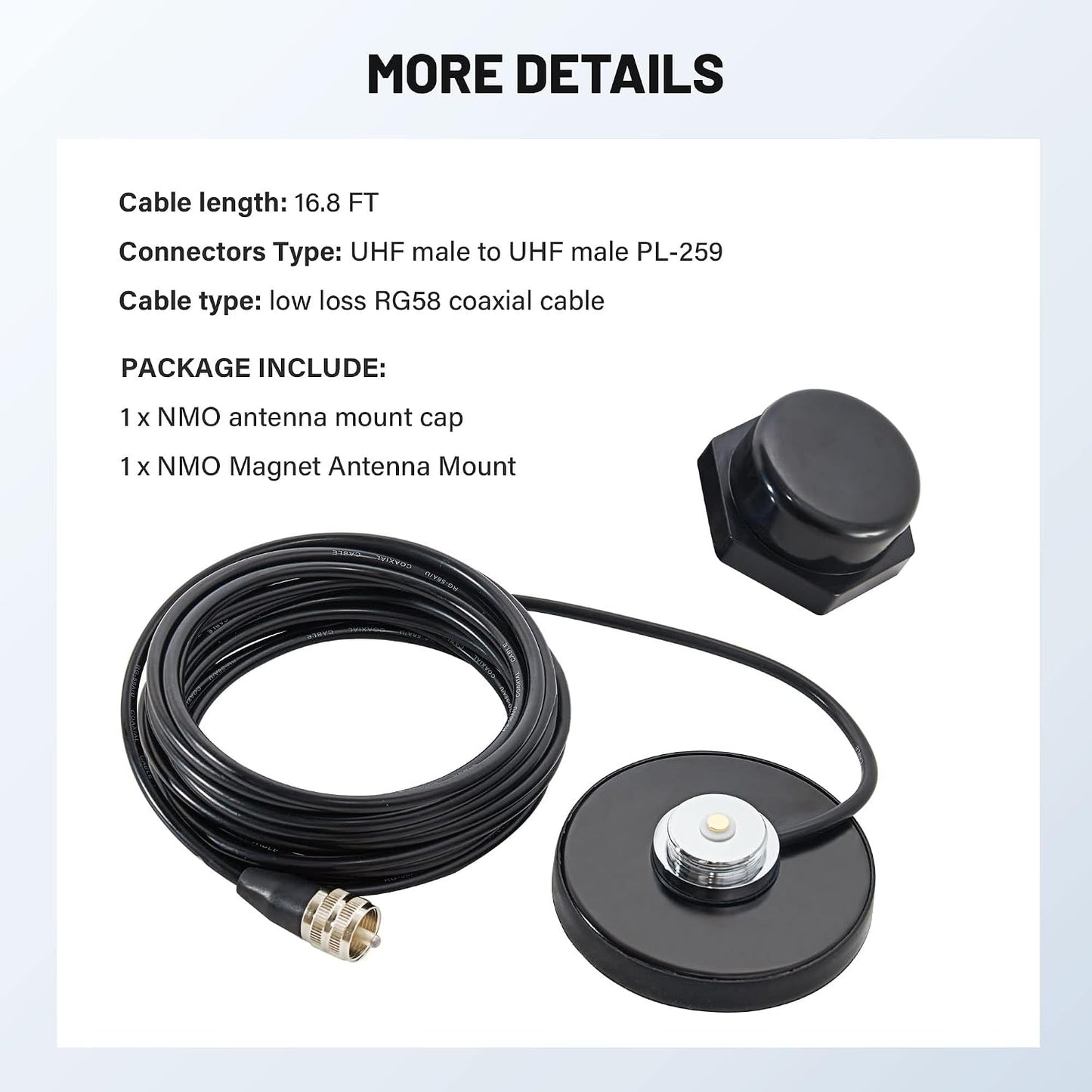 Anina 16.4 RG58 PL-259 NMO Antenna Magnetic Base Mount FT Coaxial Cable Plug with NMO Antenna Mounting Cap for CB Ham