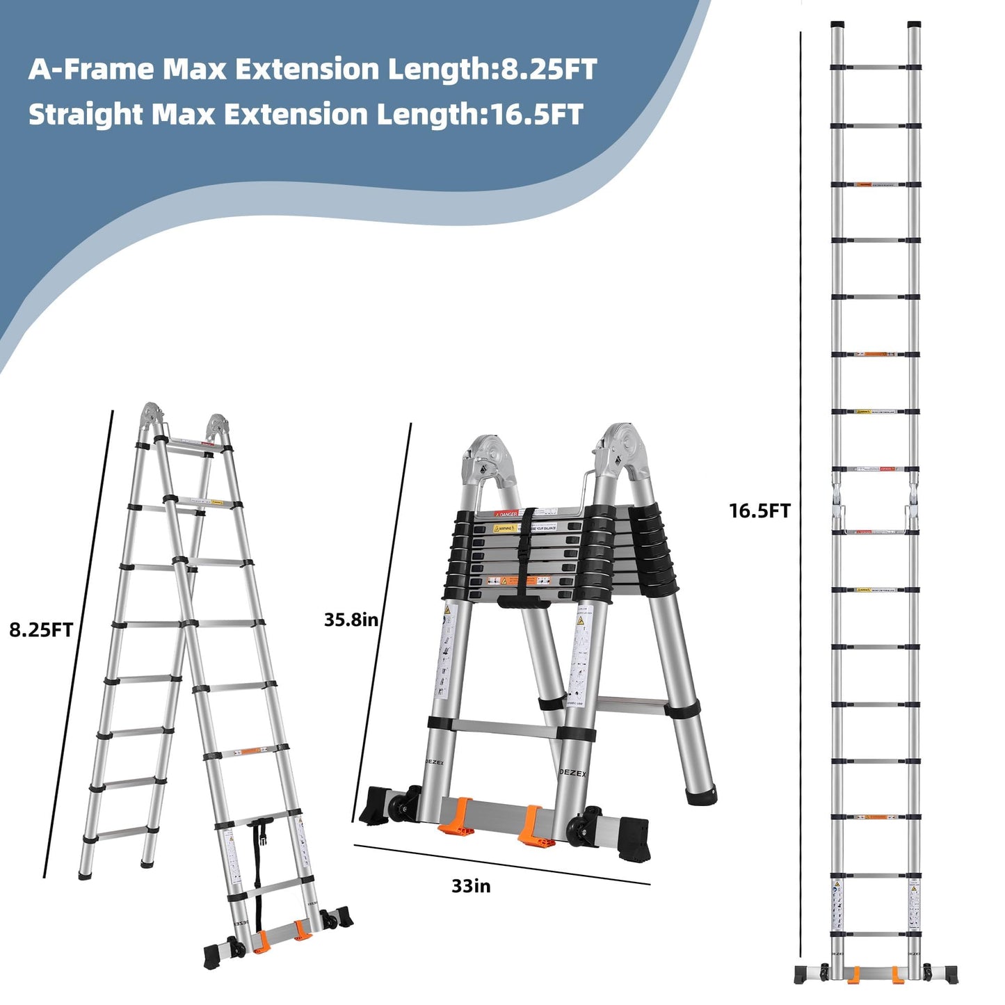 DEZEX A Frame Telescoping Ladders 16.5 FT Stainless Steel, Telescopic Ladder with Balance Bar and Movable Wheels, Multi-Purpose Collapsible Compact Ladder for Indoor Outdoor Work, 330lbs Capacity
