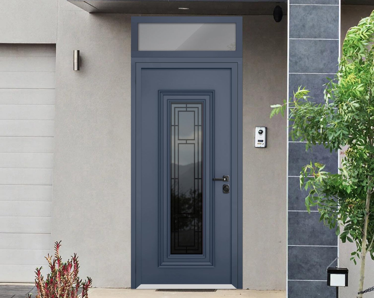 VDOMDOORS Front Exterior Prehung Steel Door/Ballucio 6044 Gray Graphite/Top Exterior Window/Stainless Inserts Single Modern Painted-W36 x H80+16"-Left-Hand Inswing