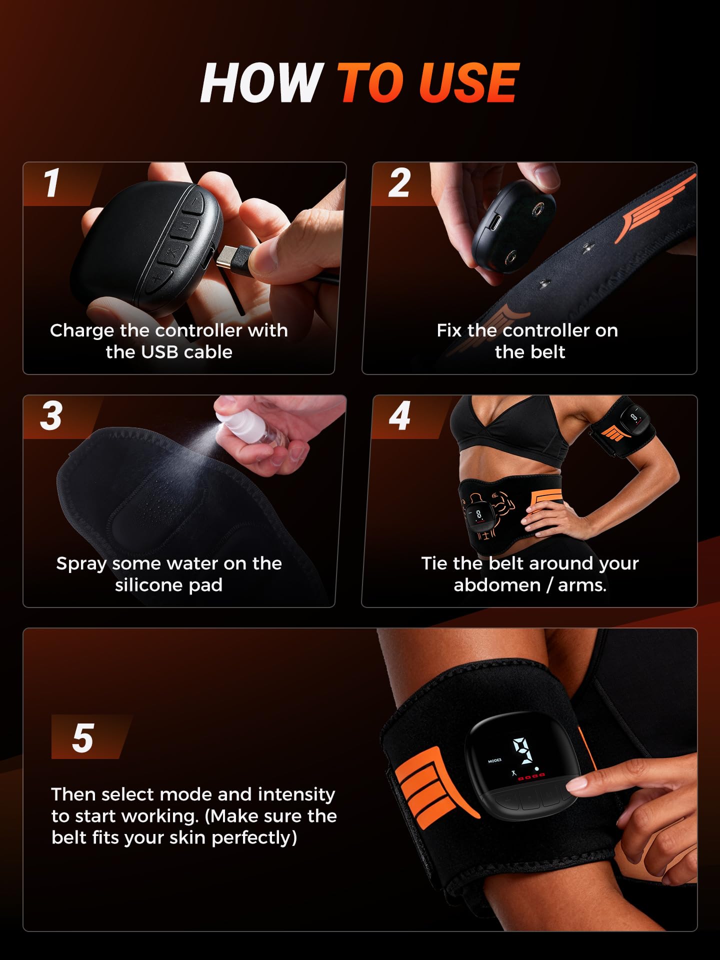 EMS Muscle Stimulator 5-Piece Set - Rechargeable Ab, Arms & Legs Stimulator for Core Strength, Body Toning & Workout Recovery, Suitable for Men & Women