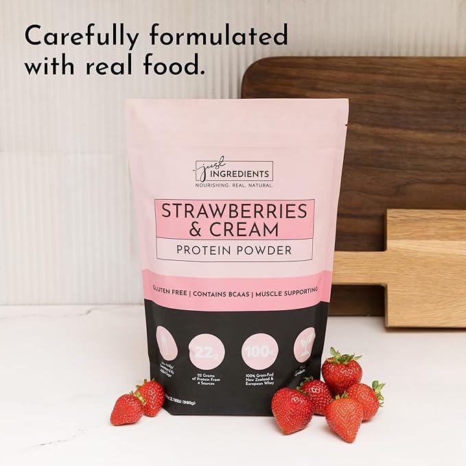 JUST INGREDIENTS Strawberries & Cream Protein Powder ??20-Serving Blend with 100% Grass-Fed Whey & Organic Plant Proteins ??Real Strawberry Flavor ??Supports Muscle Recovery, Energy*
