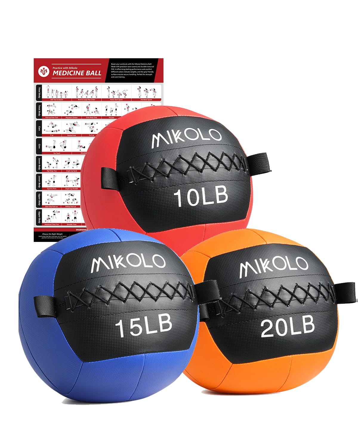 Mikolo Medicine Ball, Wall Ball,Soft Medicine Ball Set,Slam Ball for Core Training, Strength Workouts -Multi-Weight 10lbs 20lbs Exercise Balls for Home Gym, Functional Fitness (10/15/20/25LB)