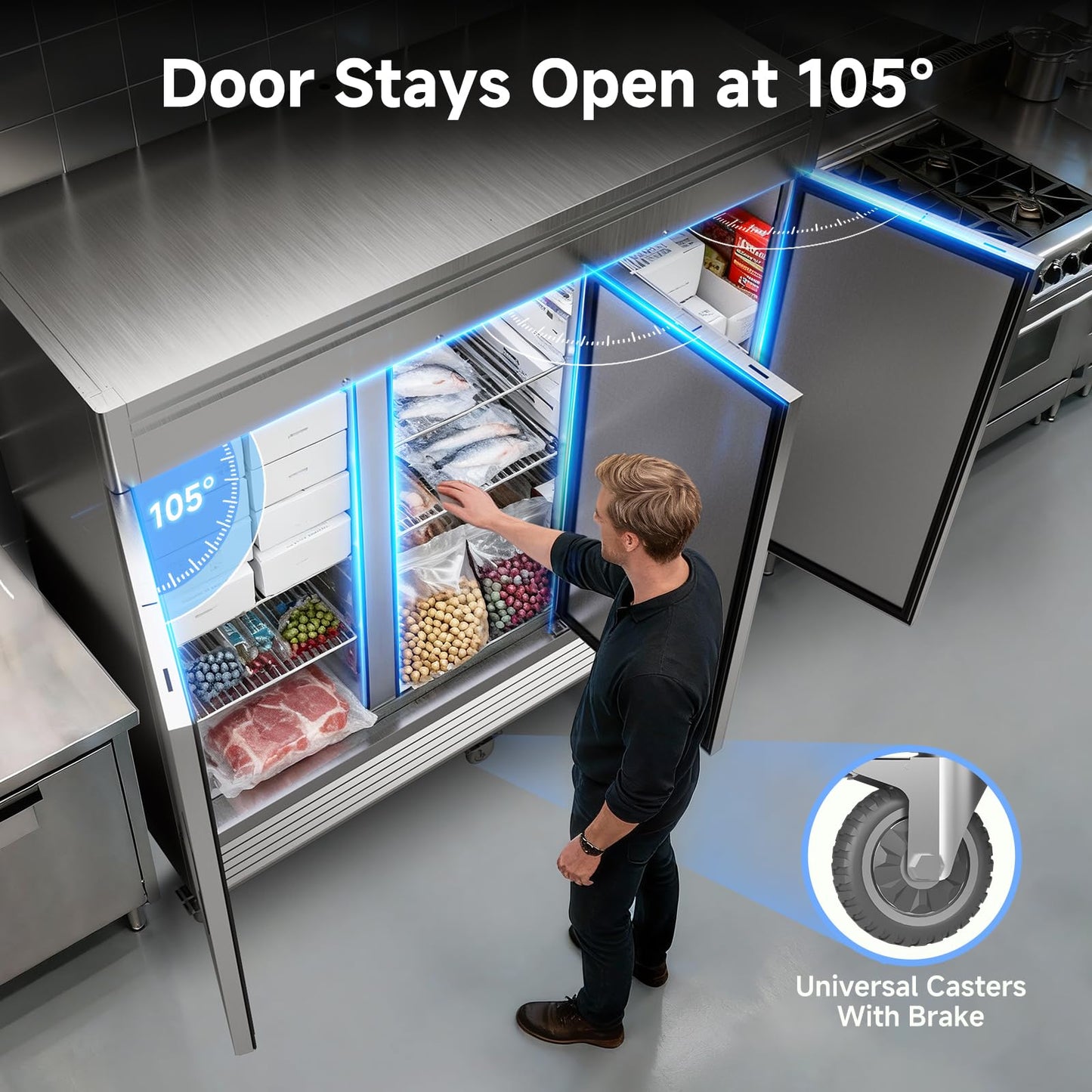 Coolake 82" Commercial Reach-in Freezer 3 Solid Doors, 72 Cu.ft Stainless Steel Fan Cooling Upright Freezer 12 Adjustable Shelves, Commercial Freezer for Restaurant Kitchen Grocery Store Prep Area