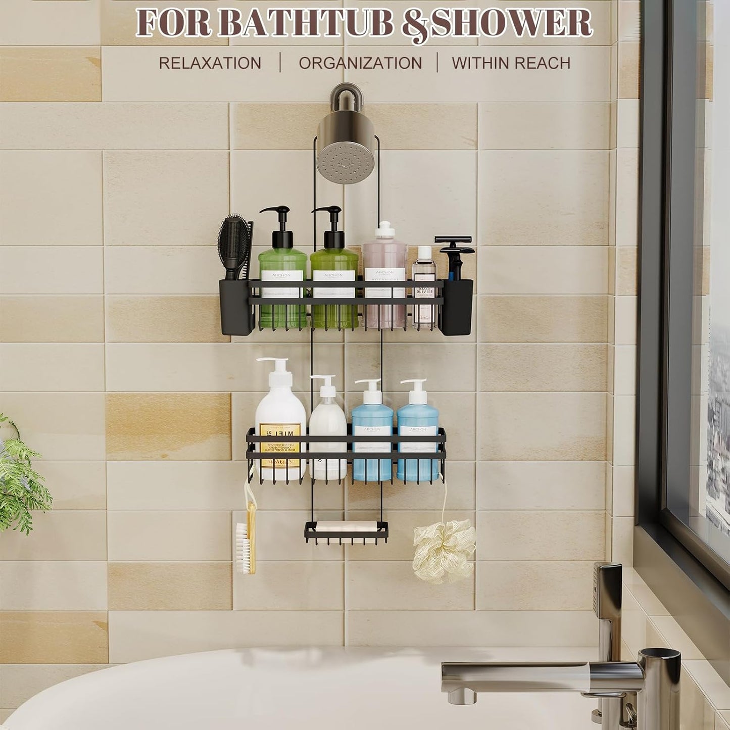 Shower Caddy - 3 Tier Adjustable Bathroom Organizer with Heavy-Duty Suction Cups | Rustproof Black