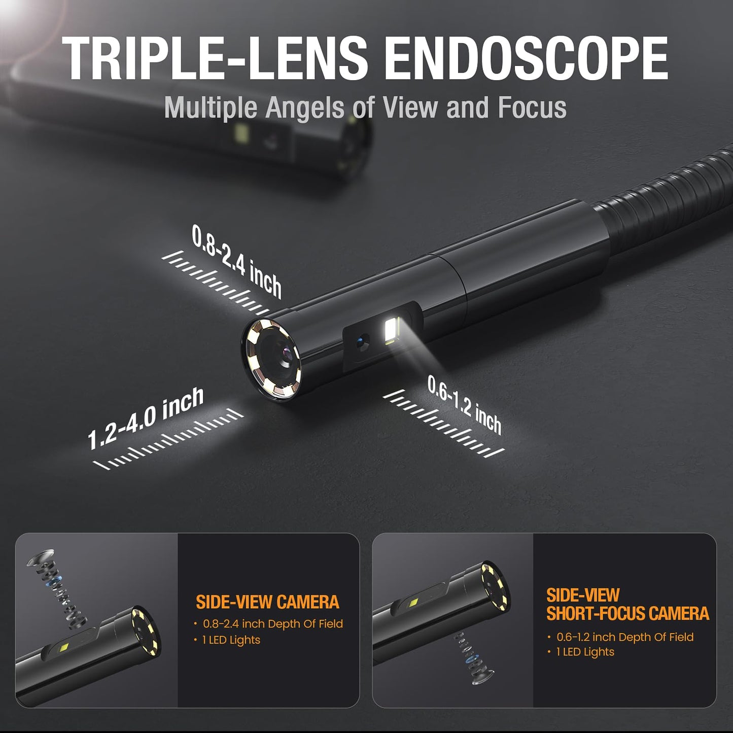 Triple Lens Borescope Inspection Camera, Teslong Professional Endoscope with Light, Digital Video Scope Camera, 5" IPS Screen, Waterproof Flexible Cable for Automotive/Home/Wall/Pipe/Car (10FT)