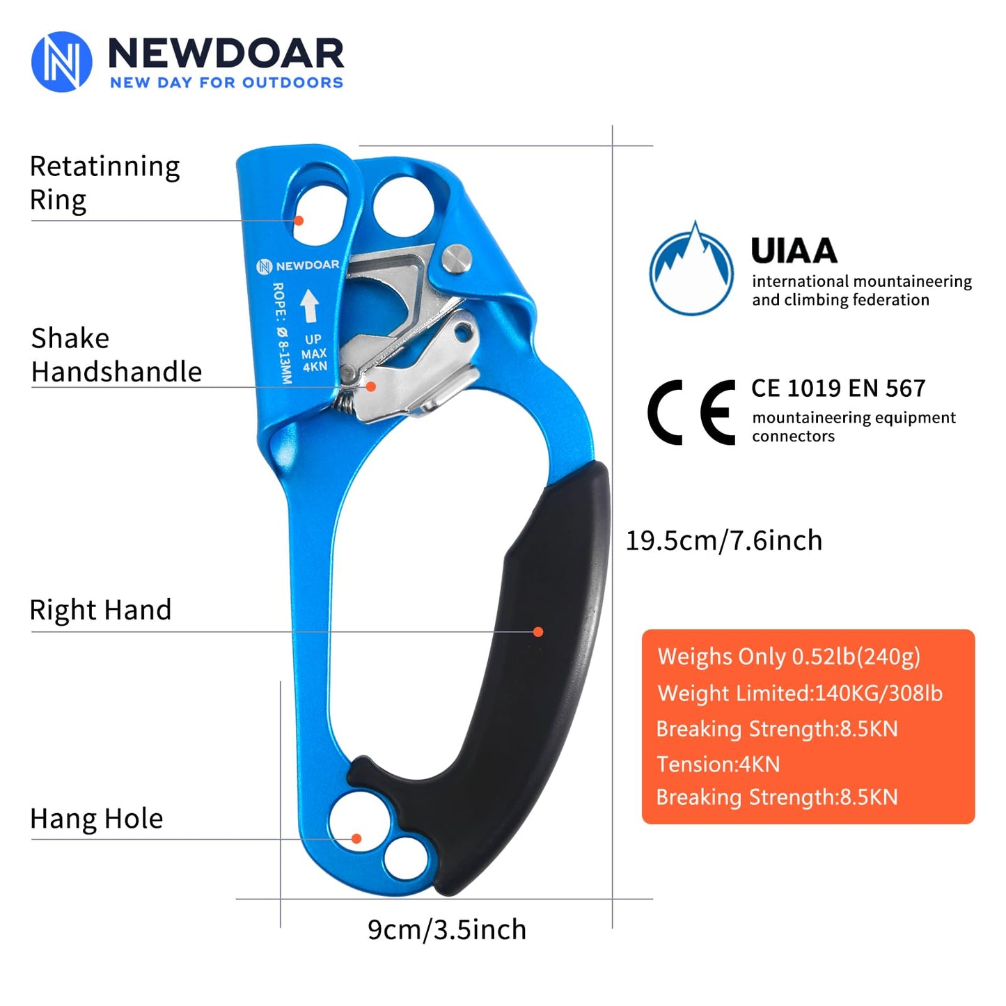 NewDoar Right Hand Ascender Rock Climbing Tree Arborist Rappelling Gear Equipment CE Certified Rope Clamp for 8~13MM Rope(Blue-Right)