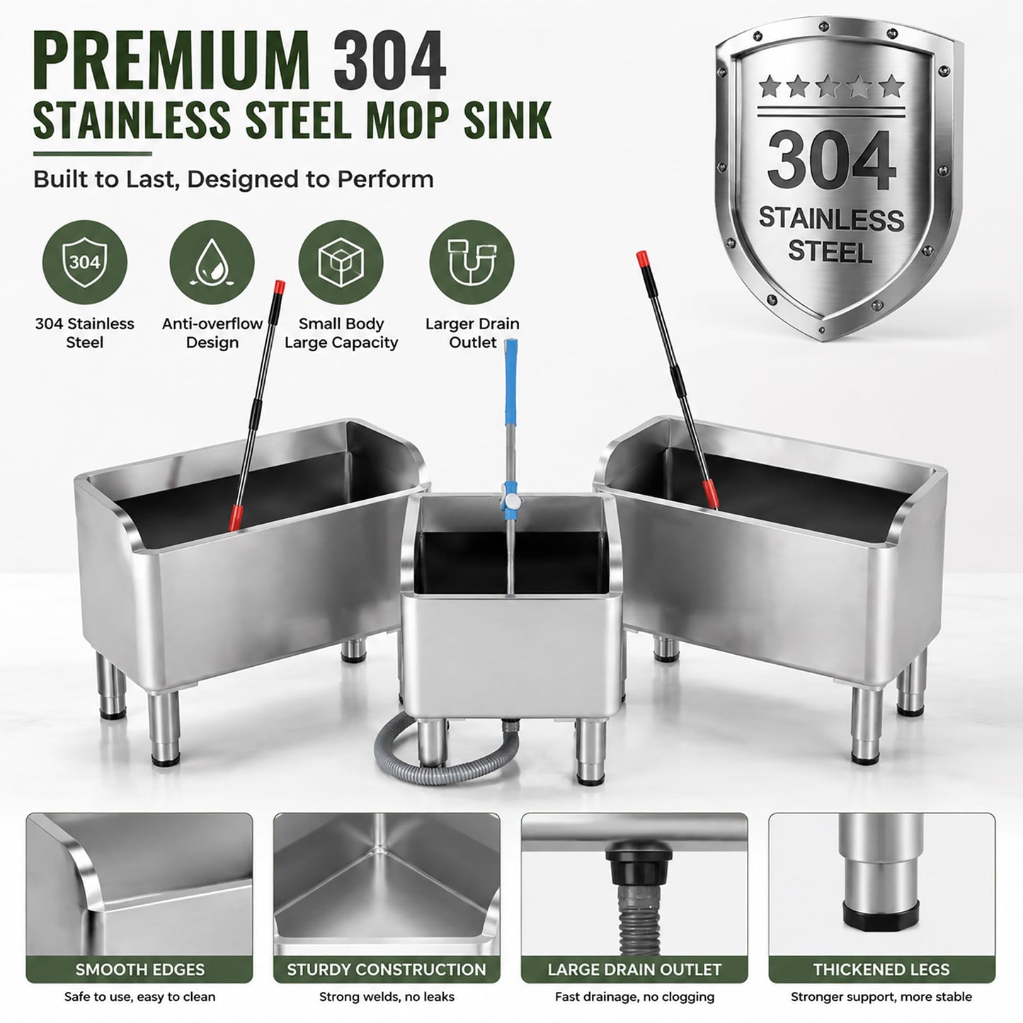 CYGJYZOD Floor Mop Sink With Drainage/Strainer,stainless steel utility sink,304 Stainless Steel,for Laundry Room,Kitchen, Restaurant, Garages (23.6"L x 16.1"W x 21.6"H)