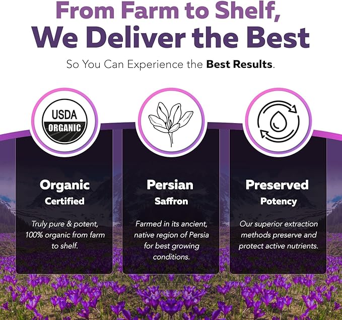 Organic Saffron Extract: Optimized Extract with Safromotivines, Safranal, and Crocins – Clinically Studied | Premium Persian Sargol Quality | Supports Mood, Calmness, and Relaxation – 3-Pack