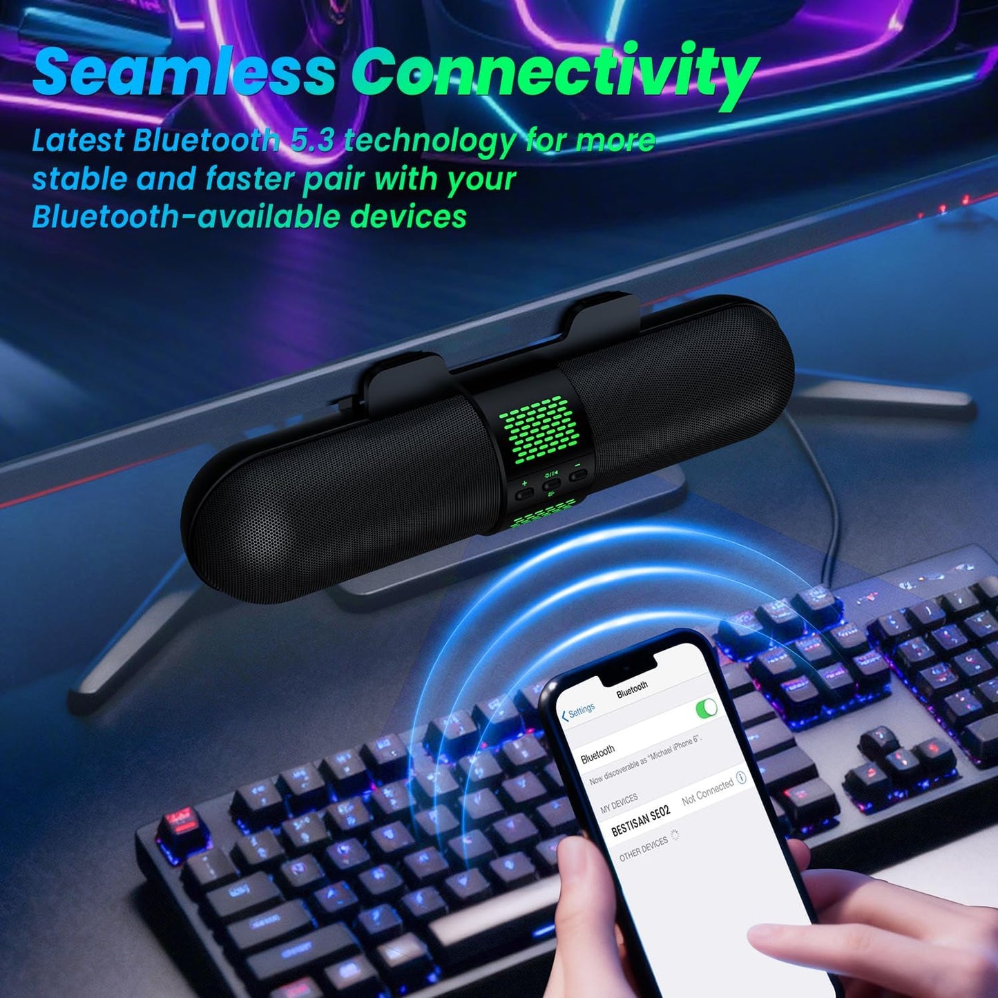 BESTISAN 5.3/Wired 6 Computer Speaker, Bluetooth USB A/C Connection, RGB Light Modes, Gaming Soundbar