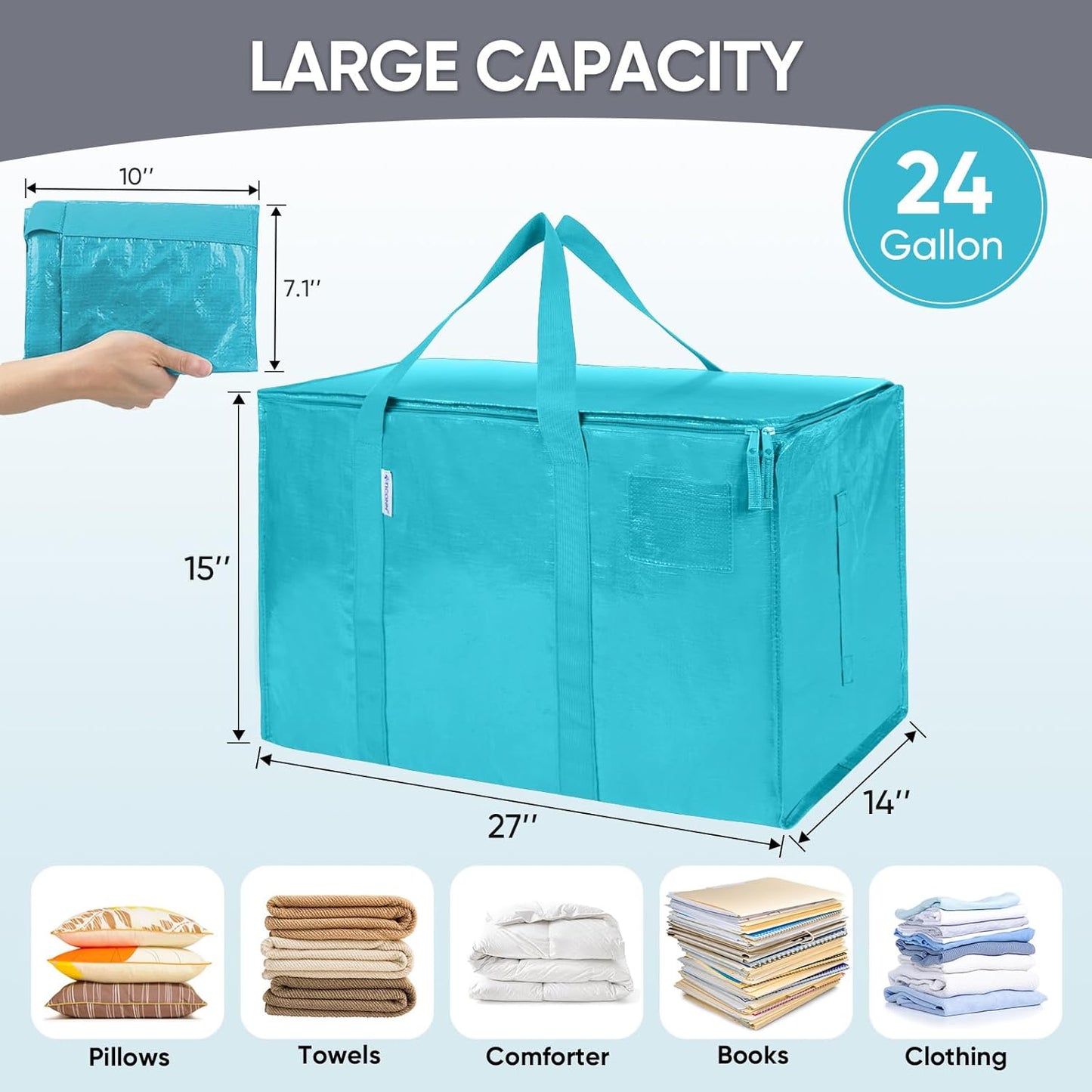 TICONN Extra Large Heavy-Duty Moving Bags - Durable Storage with Zippers & Handles | 2 Pack, Aqua