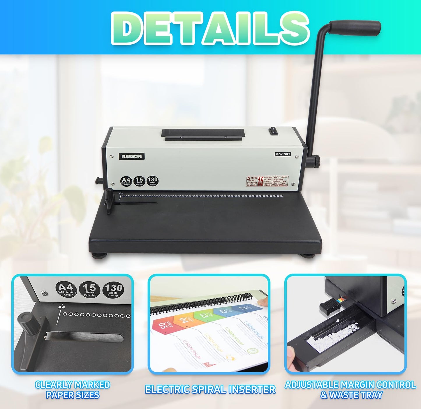 Rayson PD-1501 Coil Binding Machine with Inserter, 4:1 Pitch, 46 Holes