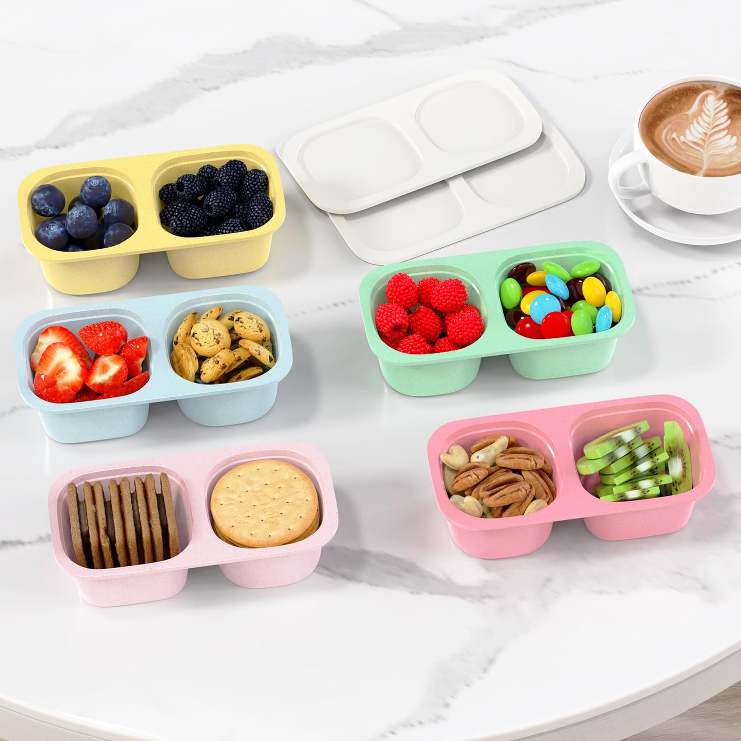 Reusable Snack Containers with Lids for Kids-Classic Color 5 PACK, [UNIQUE DESIGN 2-COMPARTMENT] BPA-Free/Microwave/Dishwasher Safe, Snack Bowls Container for On-the-Go Meals,Camping and Travel