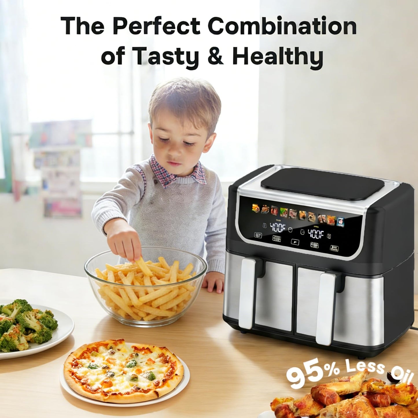 Simple Deluxe 9.5-Qt Dual Basket Air Fryer, 10-in-1 Digital Preset 1700W Airfryer, Sync Cook, Independent Temp Control, Shake Reminder, Nonstick Basket, Black