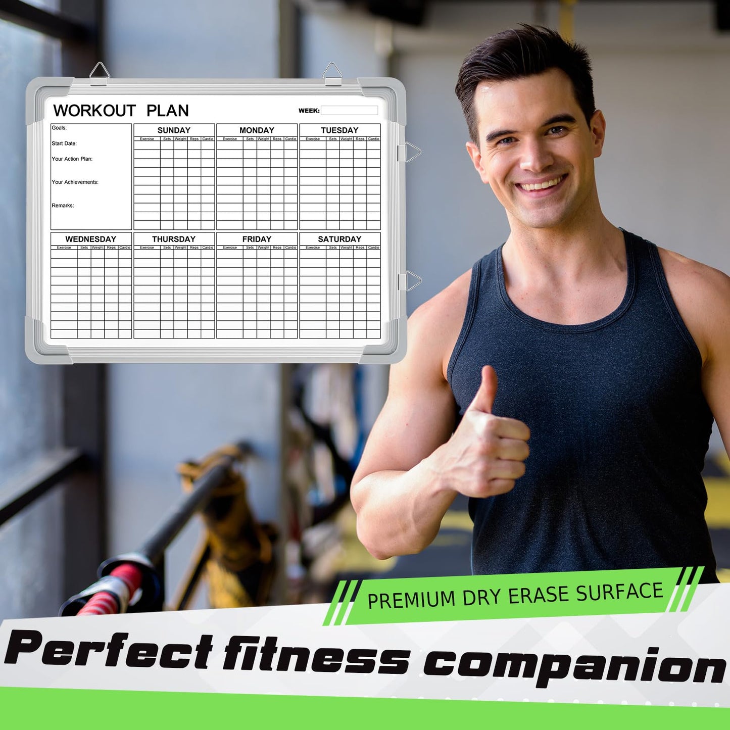 Lincia 16 x 12 Inch Fitness Tracker Whiteboard Workout Calendar for Home Gym Dry Erase Planner Hanging Removable to Do List for Wall Whiteboard with Aluminum Frame for Gym Program(Style D)