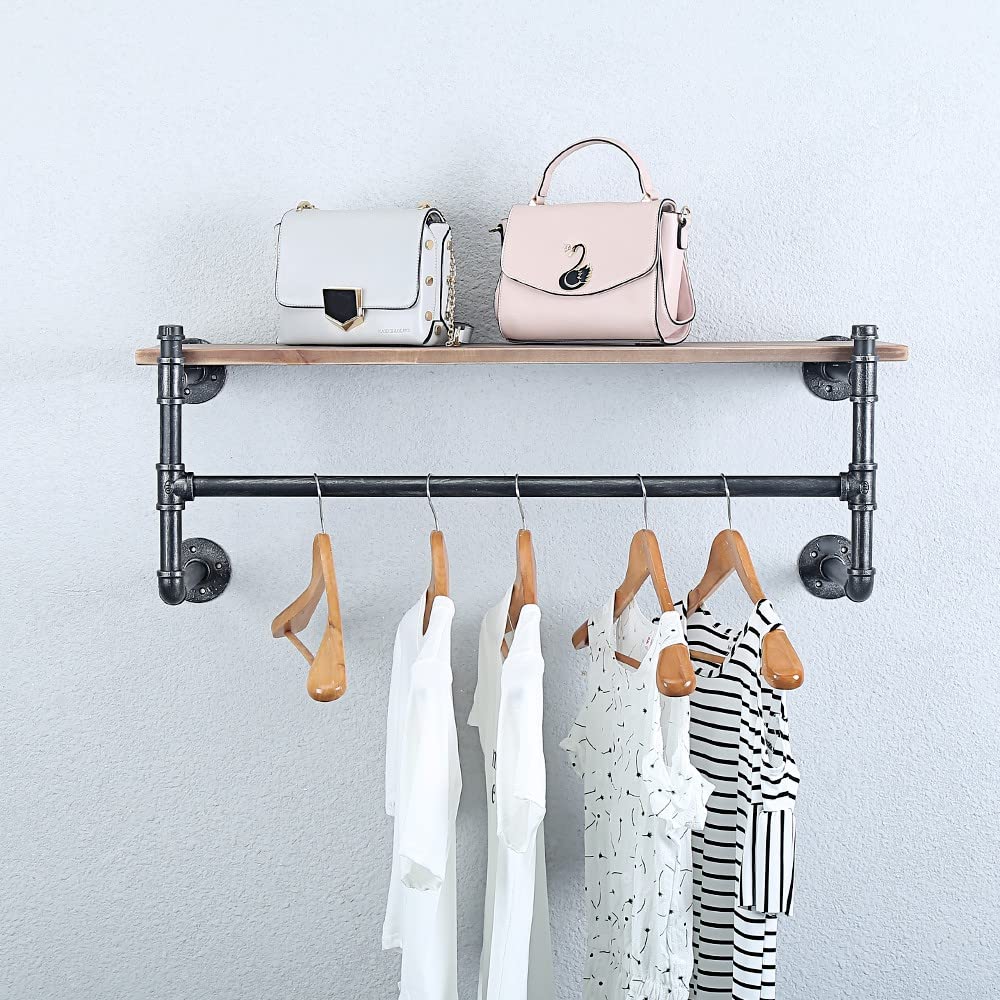 OLDRAINBOW Industrial Pipe Clothing Rack Wall Mounted with Real Wood Shelf,Pipe Shelving Floating Shelves Wall Shelf,36in Retail Clothes Racks Display Rack