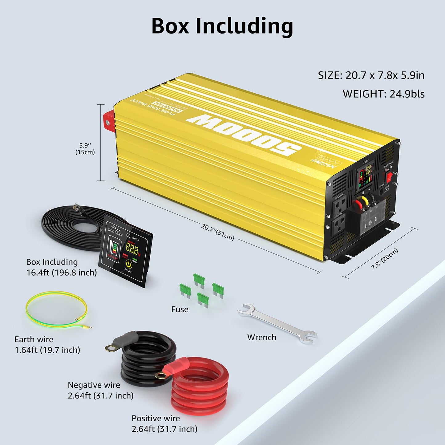 XWJNE 5000W Pure Sine Wave Power Inverter 24V DC to 120V AC Converter with LED Display and Remote Controller for Home, RV, Truck, Off-Grid Solar Power