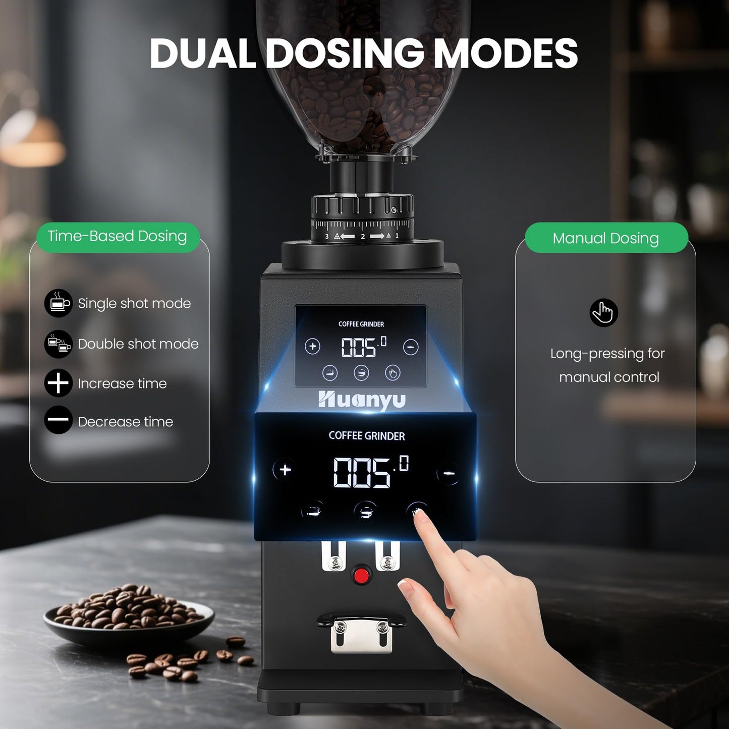 Huanyu Electric Coffee Bean Grinder 250G Automatic Burr Grinder Green and Huanyu Commercial Coffee Grinder with 64mm Flat Burr Anti-Flying Grounds Outlet 26oz Lotus Hopper Bundle