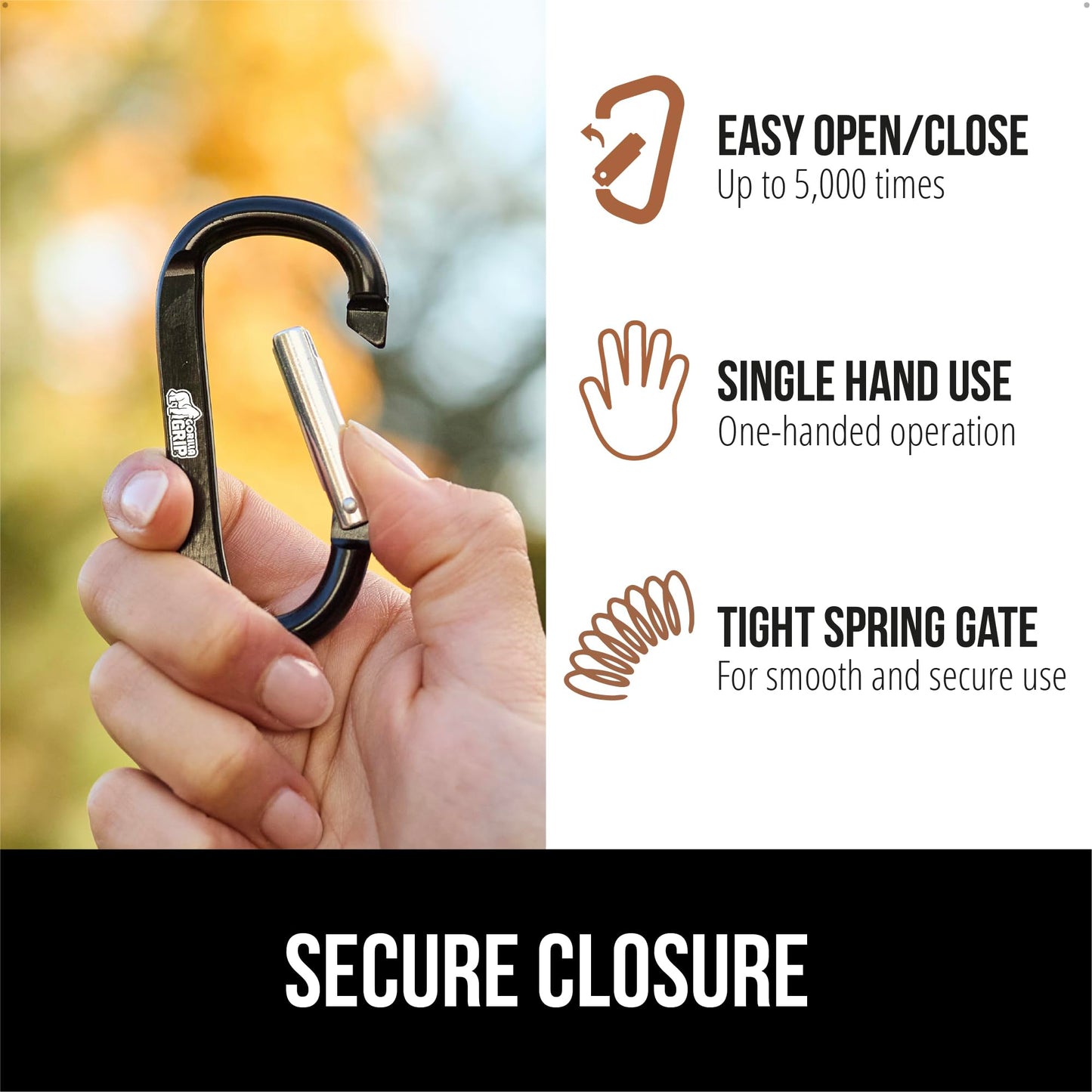 GORILLA GRIP Carabiner Clip, 3" D Ring, Pack of 6 Heavy Duty Aluminum Key Holder Clips Hold 170lbs, Rust, Scratch-Resistant Camping Essentials, Hiking Gear, Tactical Backpacking Keychains, Black