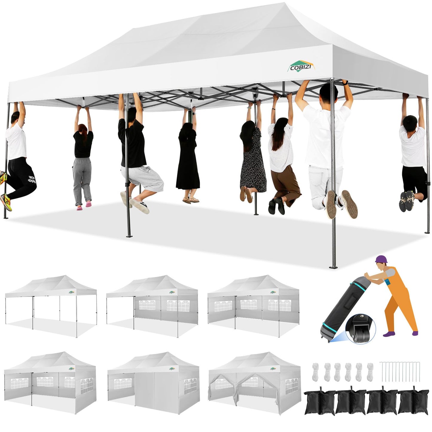 COBIZI 10x20 Heavy Duty Pop up Canopy Tent with 6 sidewalls Easy Up Commercial Outdoor Wedding Party Tents for Parties All Season Wind & Waterproof Gazebo Roller Bag, White(Frame Thickened)