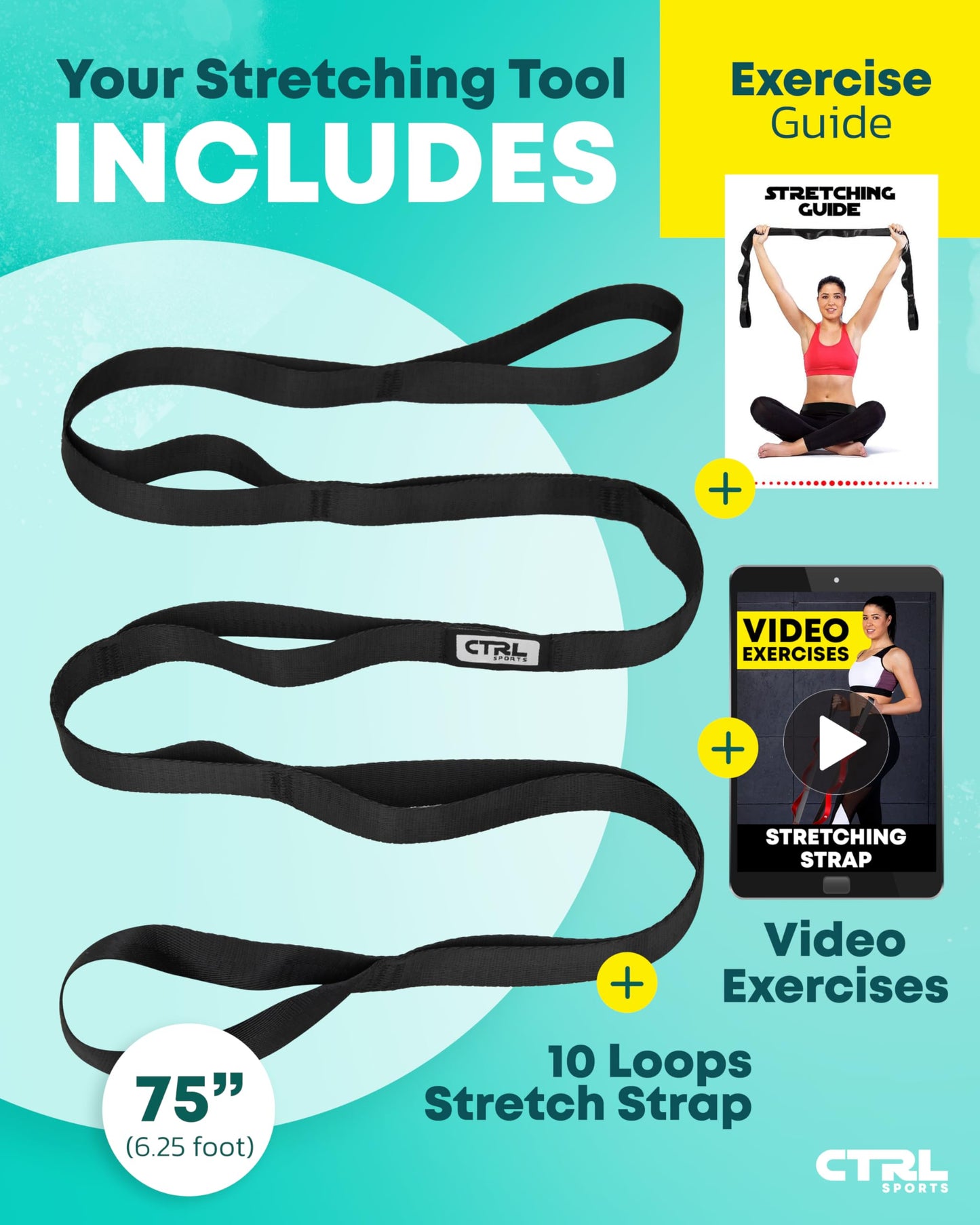 Ctrl Sports Stretching Strap Non Elastic Yoga Strap with Loops - Stretching Band for Physical Therapy, Stretch Bands for Exercise and Flexibility - Stretch Strap with 10 Loops, Hamstring & Leg Stretcher Strap