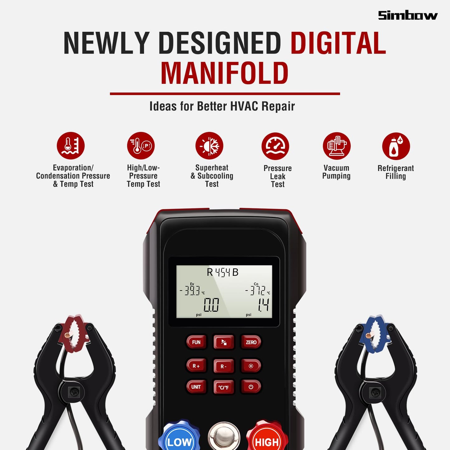 Simbow Digital Manifold Gauge, AMF-300 Digital AC Gauge Set HVAC Gauges with Super Soft 3000 Psi Air Hose Strong Biting Force Temperature Clamp for HVAC System Install Tool A2L R454B R-32 R-1234yf