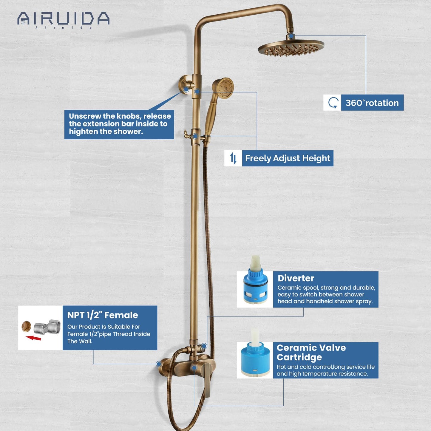 Airuida Exposed Shower System, 8 Inch Rainfall Shower Head with Handheld Spray, Single Handle Wall Mount Shower Faucet Set, Solid Brass Dual Function Exposed Pipe Fixture for Bathroom,Antique Brass