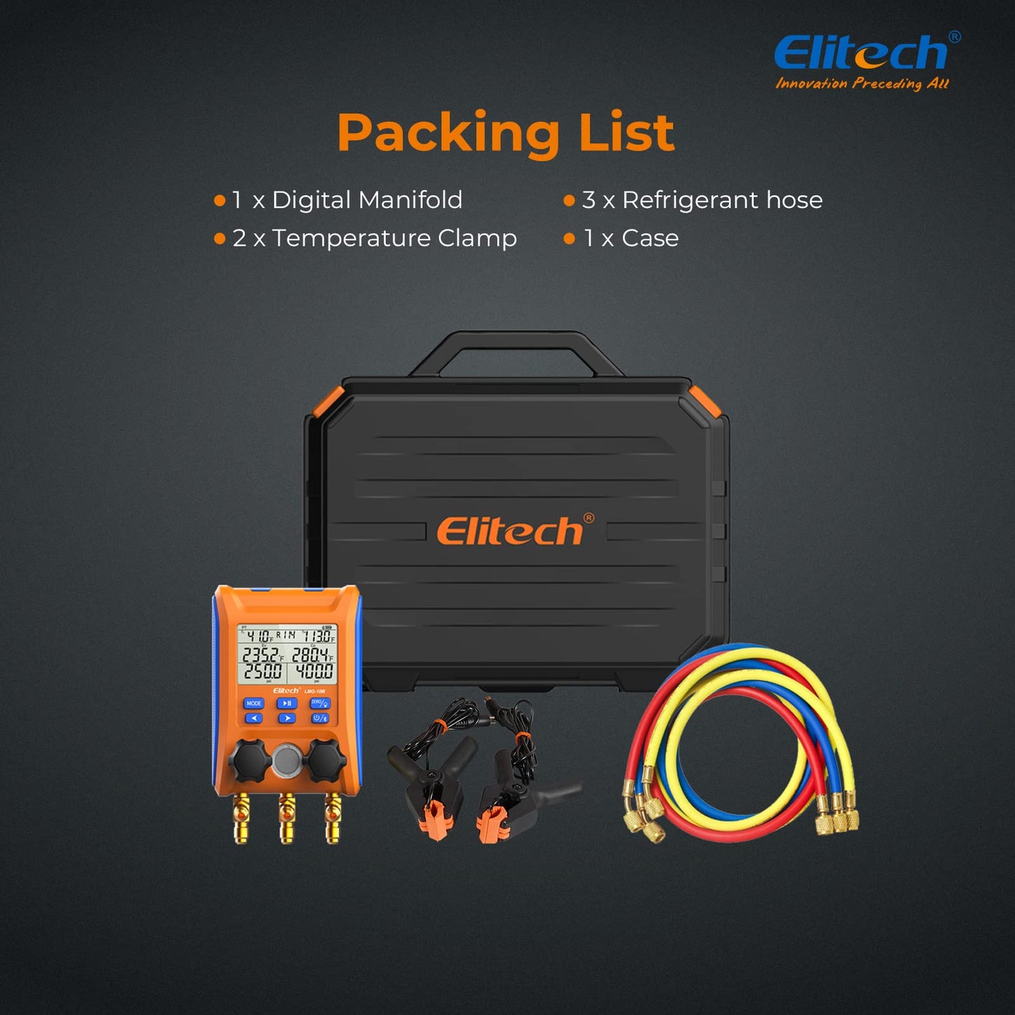 Elitech Wireless Digital Manifold Gauge Set Data Logging Refrigerant HVAC Gauges with Hoses, Temperature Clamps, LMG-10W