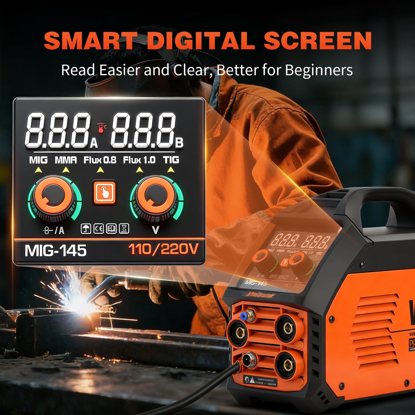 145A MIG Welder,110V/220V multiprocess welder, Gas Gasless MIG Welding Machine, 5 in 1 MIG/MMA/Lift TIG/Flux cored 0.8/Flux cored 1.0, LED Digital Display Synergic Control Aluminum Welding Machine
