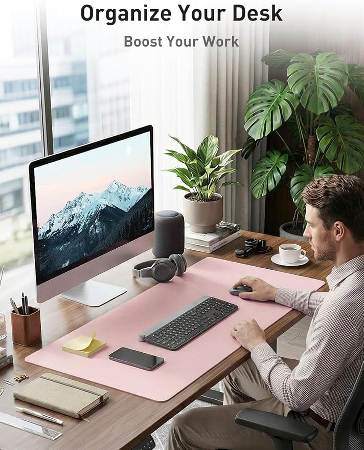 Aothia Faux Leather Desk Mat - Non-Slip PU Leather Desk Blotter, Waterproof Writing Surface, Large Desk Pad for Office & Home (Fairy Pink, 55" x 17")