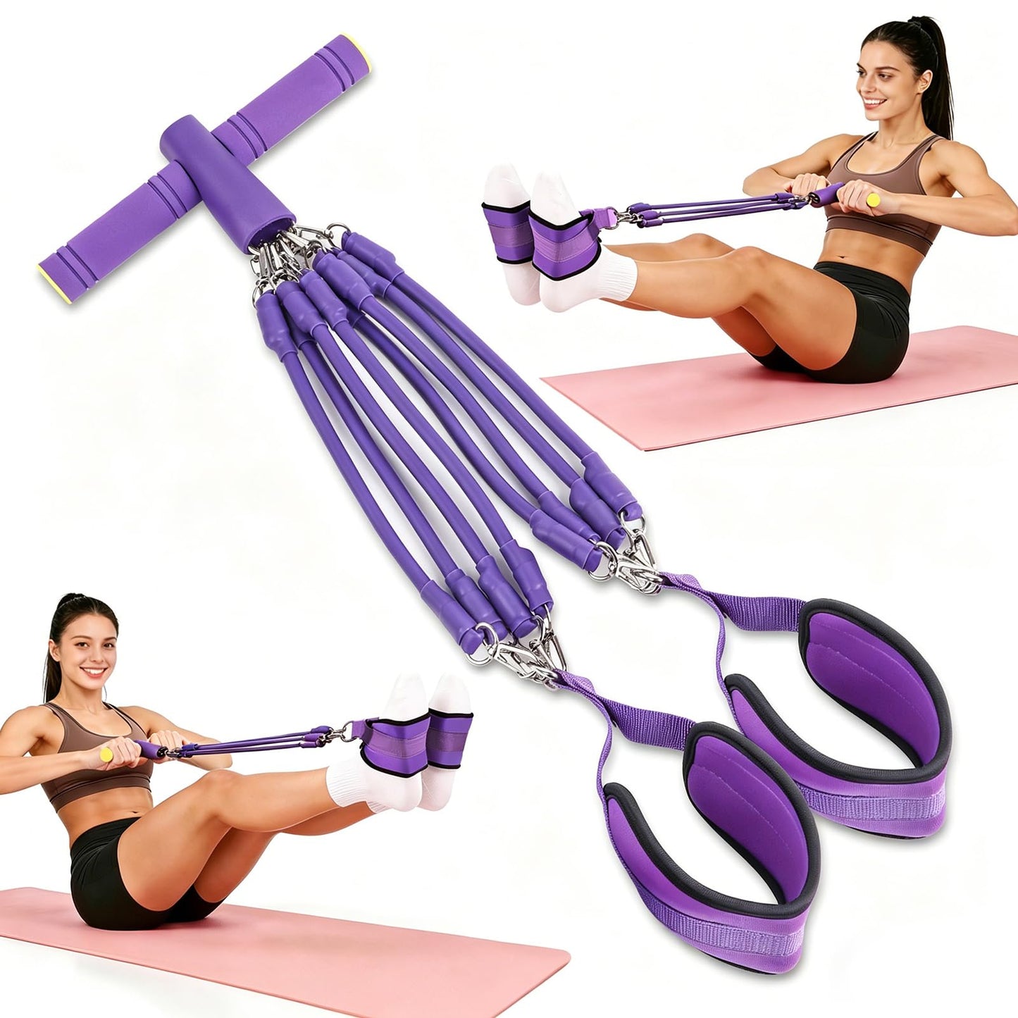 Pedal Resistance Band with Handle - 8-Tube Adjustable (20-80LBS) for Full Body Workout, Home Gym, Yoga & Strength Training Non-Slip Grips & Foot Pedal (Purple)