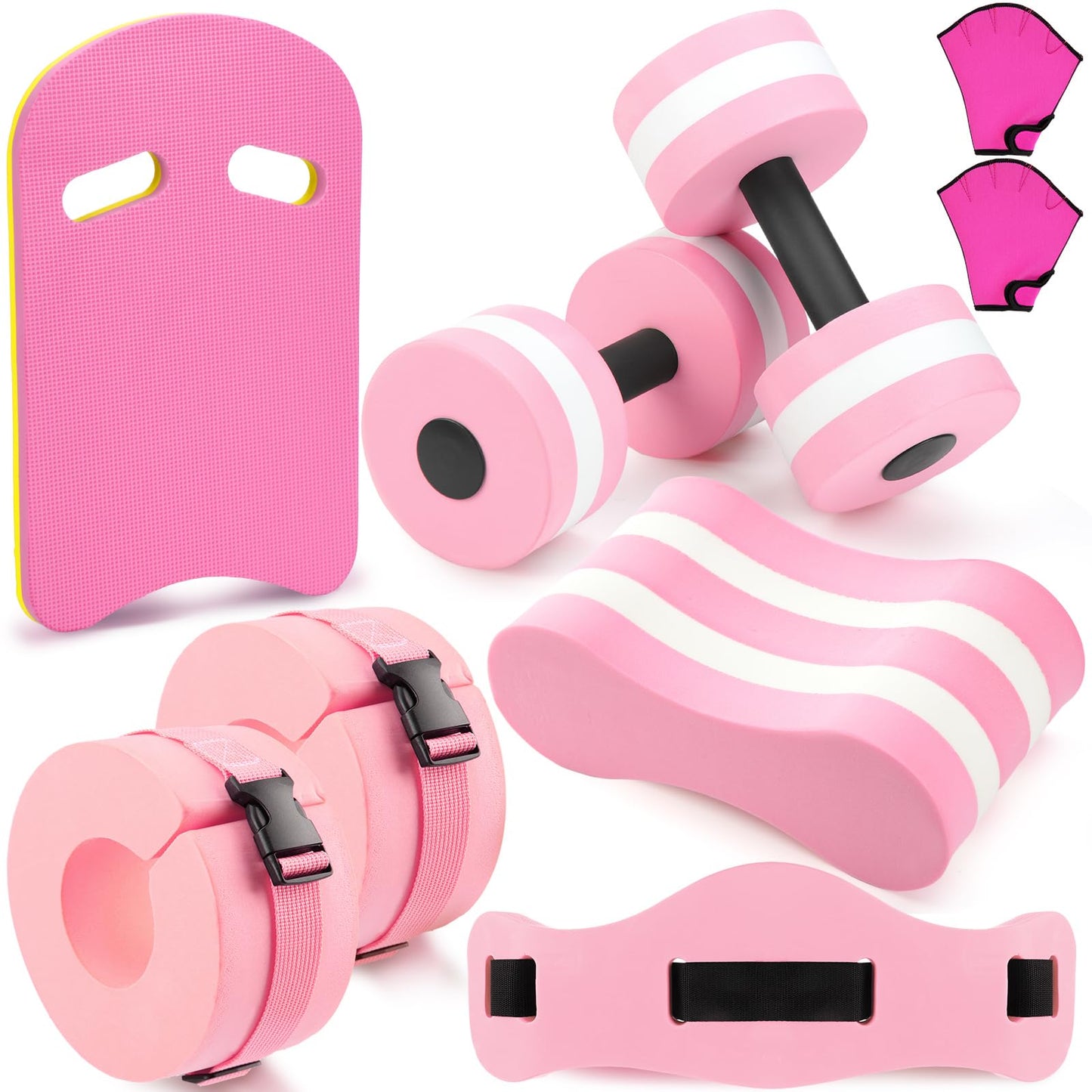 Sonwyoung 8 Pcs Water Aerobics Set Including Exercise Foam Dumbbells Aquatic Swim Belt Pull Buoy Swim Kickboard Sport Gloves Water Weights Equipment for Aquatic Fitness Weight Loss Fitness Tool (Pink)