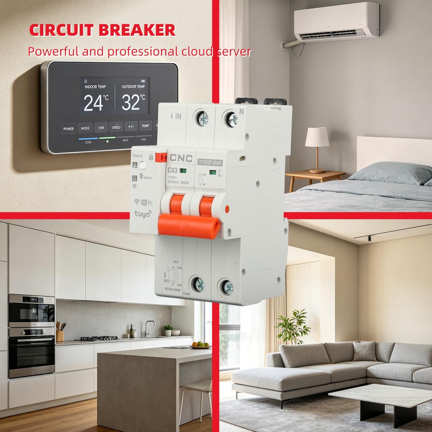CNC 110V 3P Smart WiFi Circuit Breaker MCB WiFi Power Metering Circuit Breaker Smart Life Remote Control Automatic Wireless Interruptor Reclosing Switch(3P 1-63A Adjustable)
