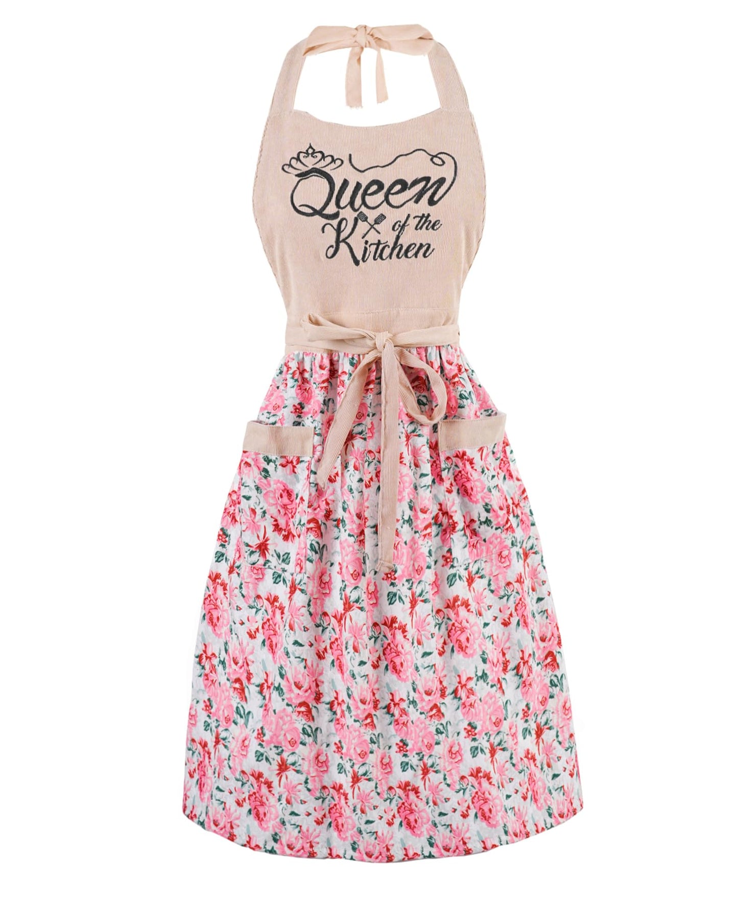 HYVOROS Cute Floral Aprons for Women with Pockets，Cotton Adjustable Neck Strap Apron for Kitchen Cooking Baking Gardening (Pink, Medium)