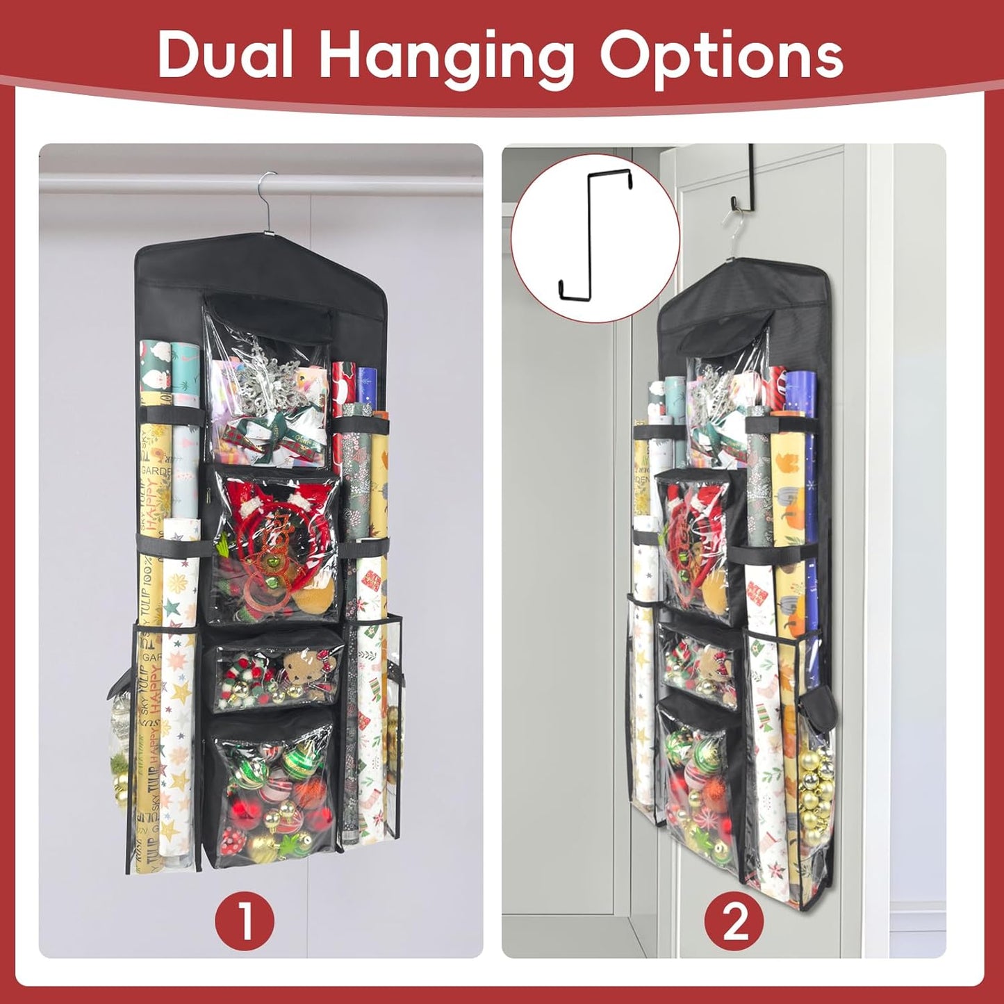 Wrapping Paper Organizer - Double-Sided Hanging Gift Wrap Storage with Pockets & Straps | Black