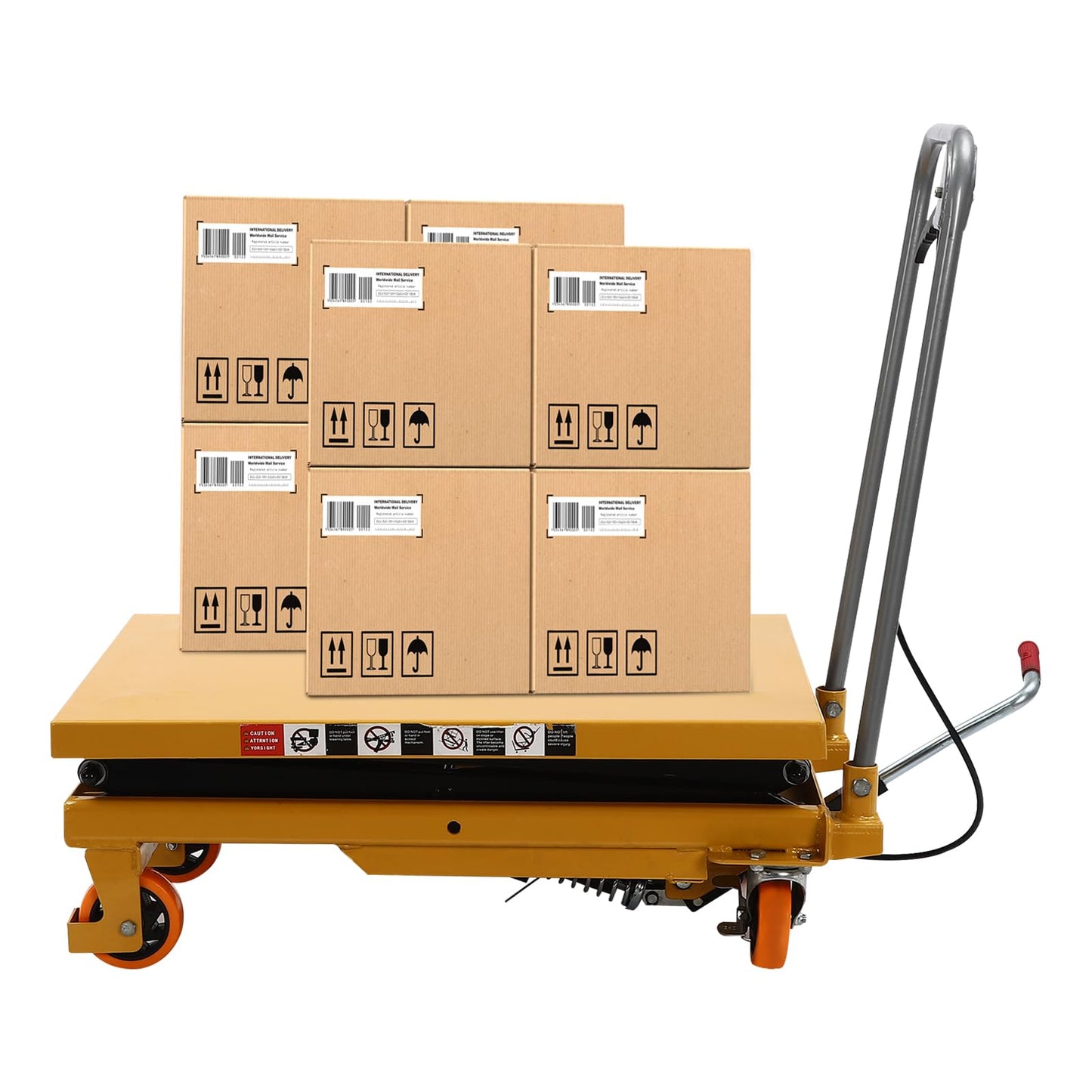 Hydraulic Lift Table Car, 45" Lifting Height, Manual Double Scissor Lift Tablewith 4 Wheels and Safety Back Guard,Hydraulic Scissor Cart for Material Handling and Transportation