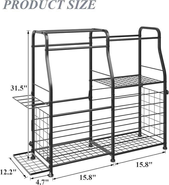 Garage Sports Equipment Organizer - Ball Storage Rack with Elastic Rope or Wire Mesh,Garage Organizer System with Wheels,Indoor/Outdoor Sports Rack for Sports Gear and Toys Storage,Black