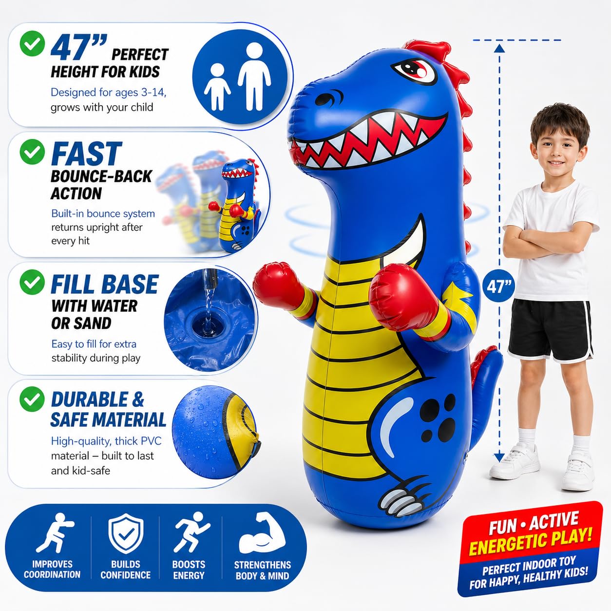 Inflatable Punching Bag for Kids - Blue, 47 Inch - Dinosaur Bop Bag Toy with Fast Bounce Back Action - Durable Punching Toy - Fill Base with Water or Sand for Stability - Ages 3-14