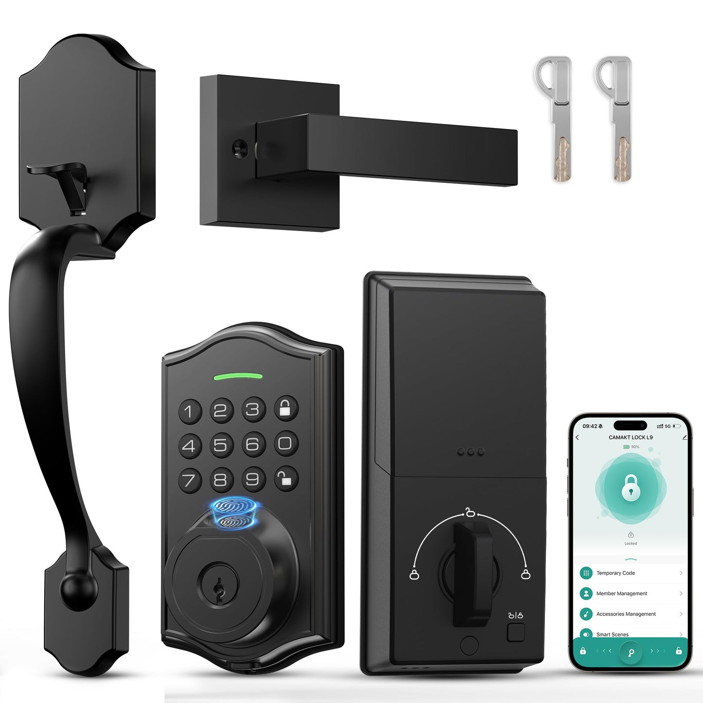 POWIFY Keyless Entry Door Lock with Handle,Fingerprint Smart Front Door Lock Set,APP Control, Electronic Keypad Deadbolt with Lever Handle, Anti-Peeping, Auto Lock, Easy Install, Black