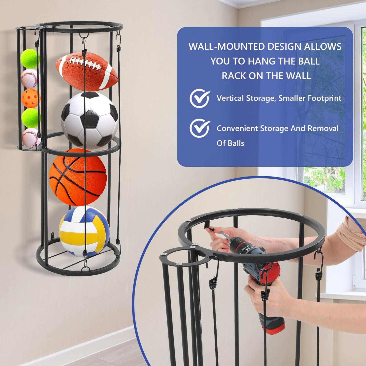 AWZITUO Garage Ball Storage Rack - Wall Mount Vertical Basketball Rack with Small Ball Holder for Soccer, Volleyball, Football - Space Saving Sports Organizer for Storage, Home, Basement, Outdoor