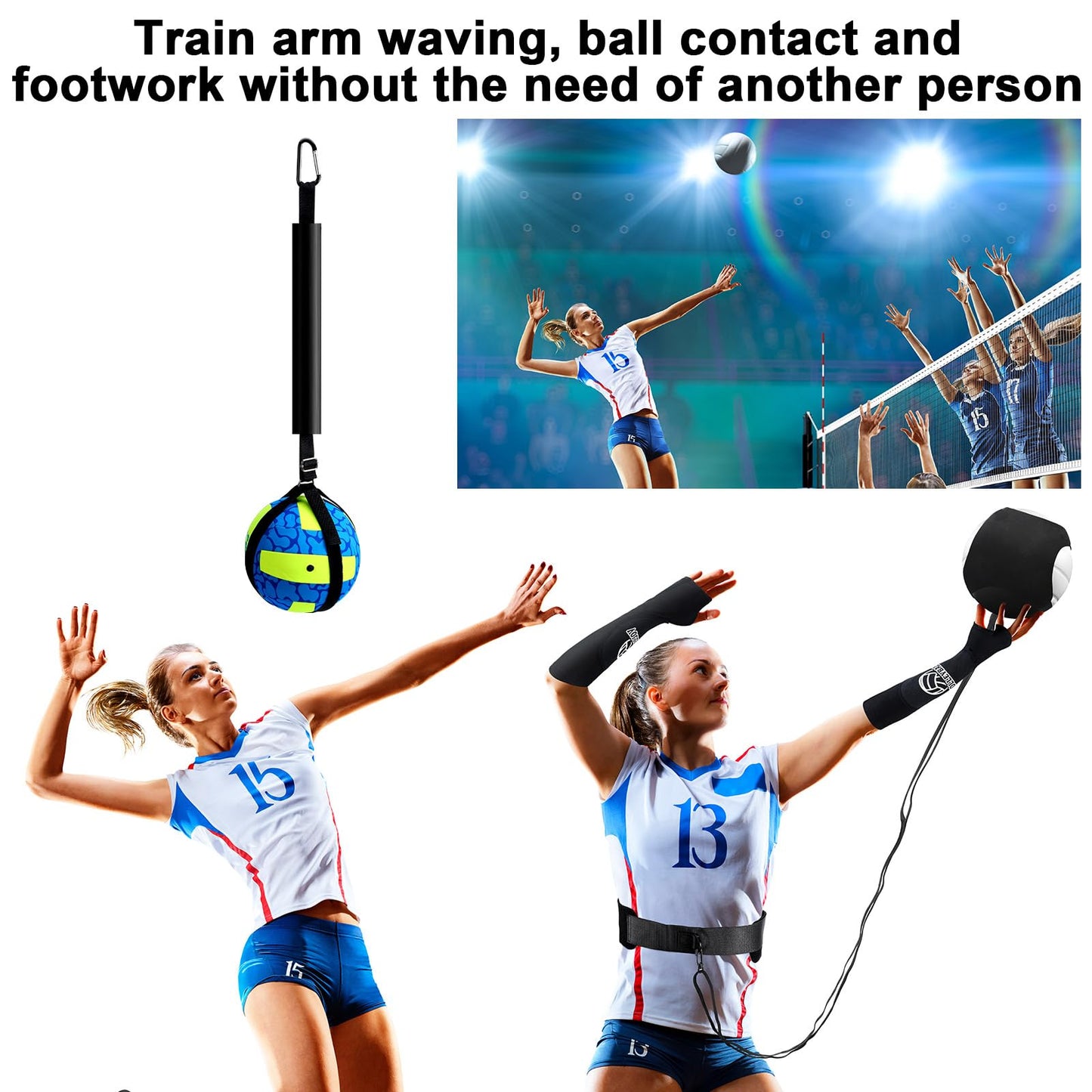 Wettarn 8 Set Volleyball Training Equipment Aid Solo Volleyball Trainer Gift Kit to Practice Serve Include Elastic Resistance Belt Set Spike Trainer Hand Straps Arm Sleeves Knee Pads Backpack Headband