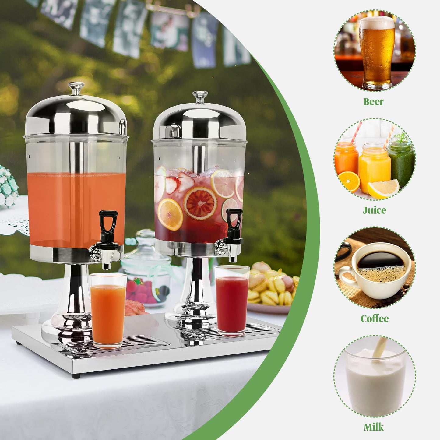 tonchean 4.4 Gallon Dual Drink Dispenser, Beverage Dispensers with Ice Core and Spigot, Stainless Steel Juice Dispenser for Parties, Wedding, Hotel Buffet, Banquet, Restaurant