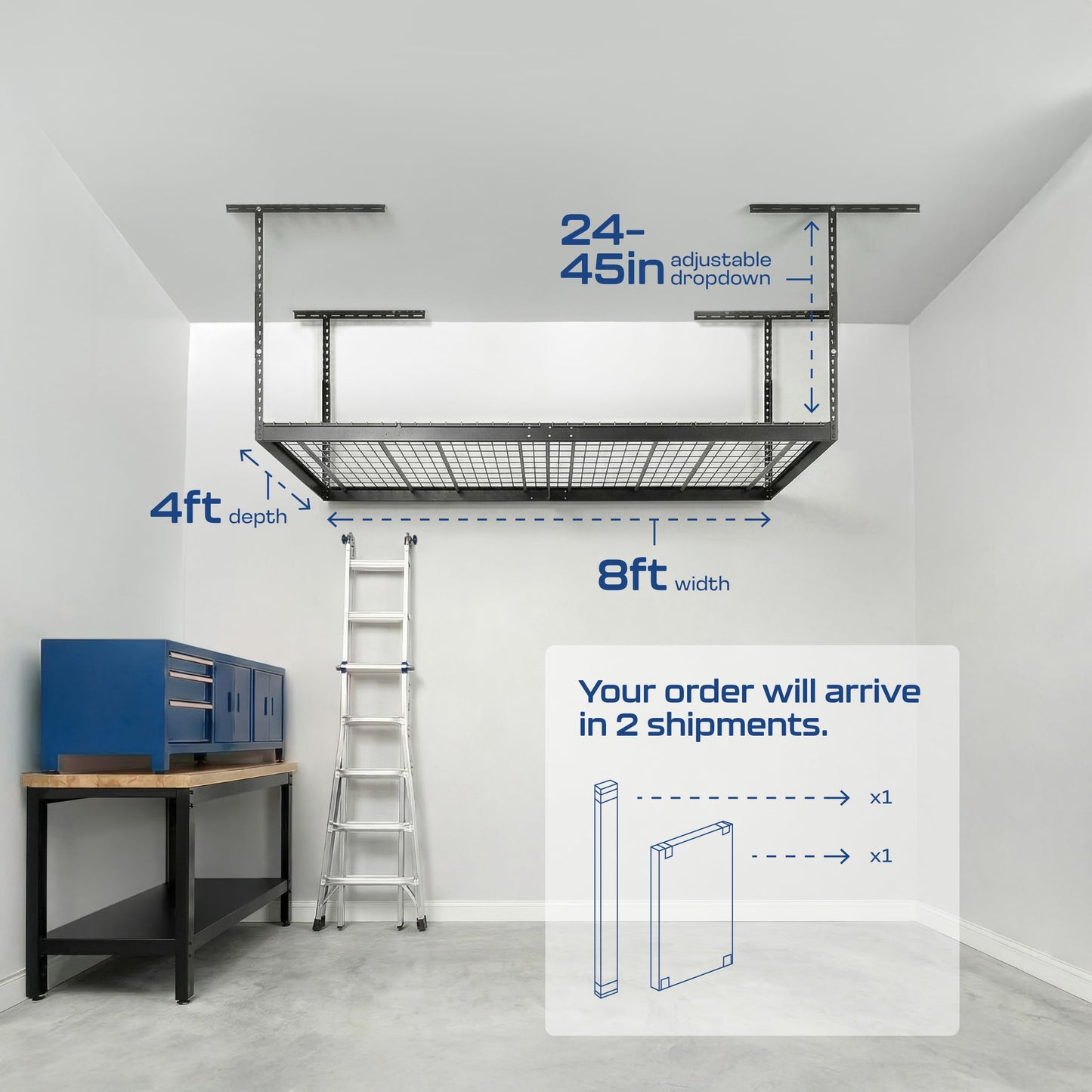 MonsterRax Overhead Garage Storage Rack - 4 x 8 Ceiling Racks for Garage, Organization Shelving, Hanging Shelf, Grey, 24"-45" Height Adjustment