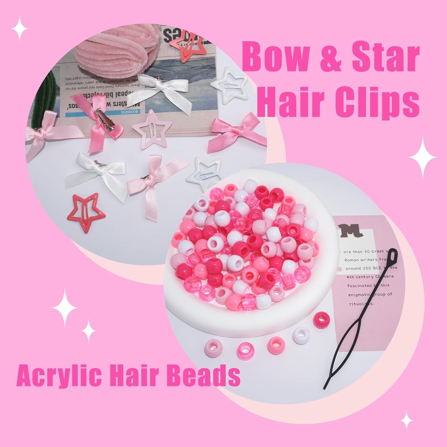 Skiennix Pink Hair Beads for Braids - 112PCS Non-Slip Acrylic Hair Jewelry | Cute Accessories for Girls